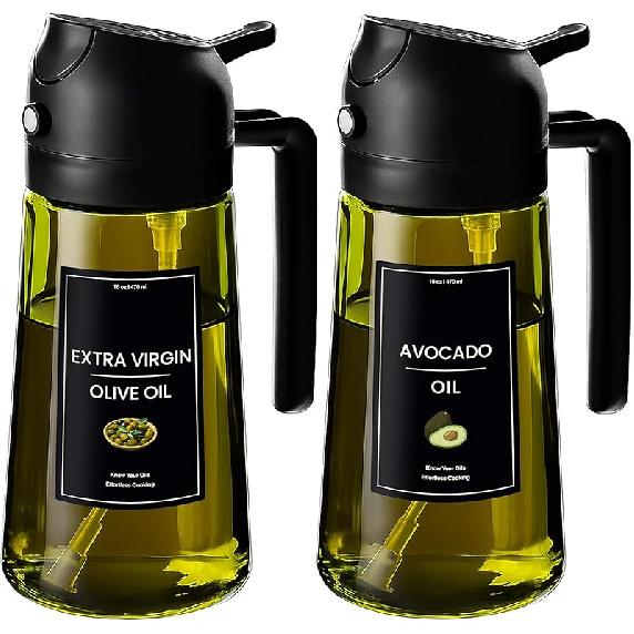 CXINYI - 16oz/470ml Olive Oil Dispenser for Kitchen with Stickers - 2 in 1 Olive Oil Sprayer for Cooking, Air Fryer, and Salad, Black&Green Light-Proof /w Stickers