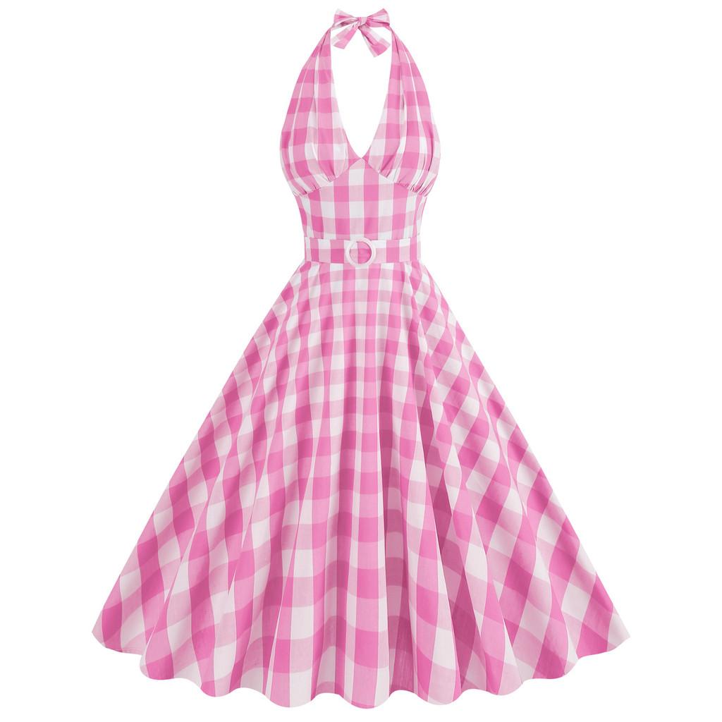 Barbie Death Powder Dream Sexy Deep V Internet Red Pink Checkered Cotton Flowing Explosion Street Sister Retro Party Dress