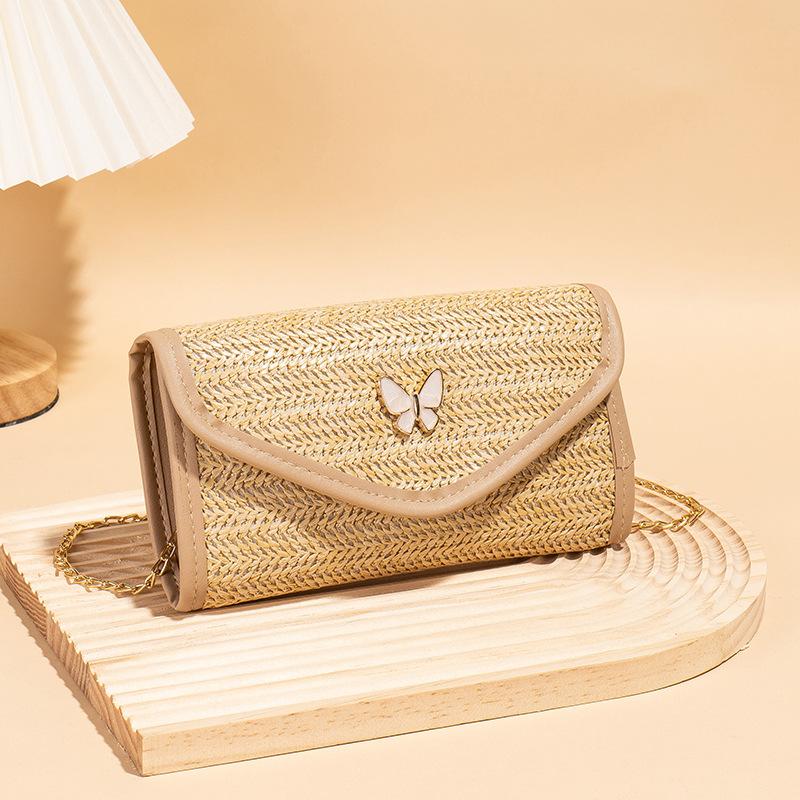Straw Small Bag New Fashionable Women's Small Bag One Shoulder Crossbody Chain Bag Butterfly Woven Small Square Bag