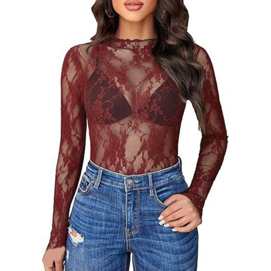 Women Tops Mock Collar Long Sleeve Slim Fit Blouses Sexy See-through Floral Embroidered Lace Mesh Shirt