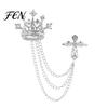 Dark Light Zircon Brooch Men's Pin with Chain, British Crown Cross Angel Lapel Pin, Rhinestone Suit Cool Tone Silver Badge Tassel Chain for