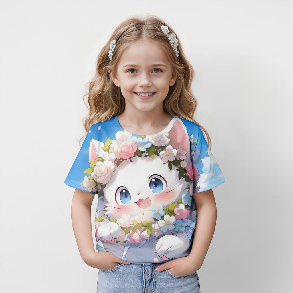 Girl Clothes Children's T-Shirts Short Sleeve 3D Cartoon Cat Print Cute Girls Clothing Kids Summer Clothes Casual Round Neck Top