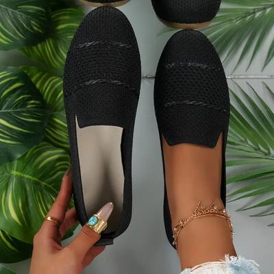 Zapatos planos de punta redonda de color sólido para mujer, de moda, sin cordones, suela suave transpirable, parte superior de punto elástico ligero, zapatos casuales versátiles