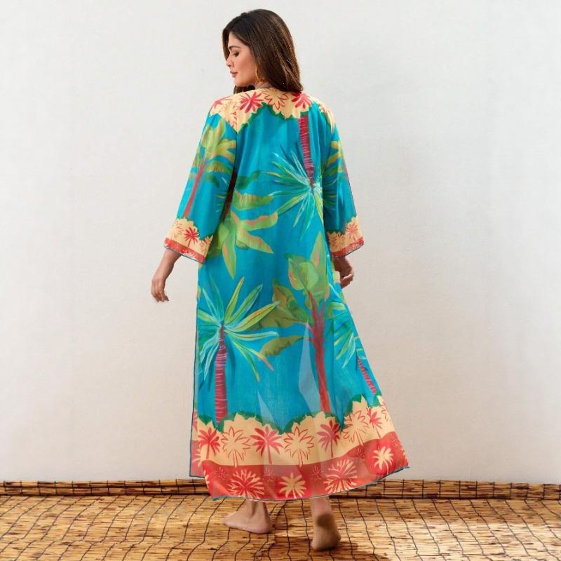 Plus Size Printed Bikini Swimsuit Three Piece Set With Long Sleeve Beach Cover Up