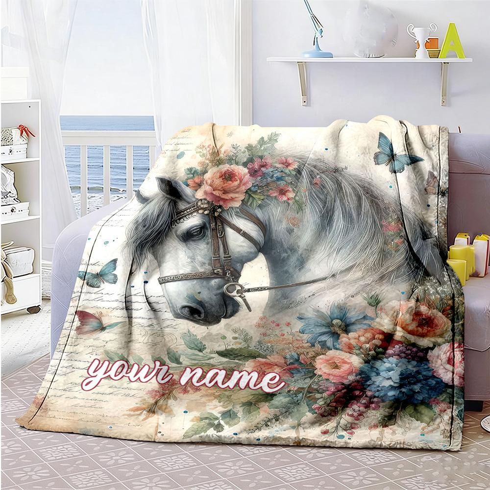 Beautiful Horse Customize Text Blanket Throw Customizable Blanket Warmthful Decor Great for Sofa Bedding Office Couch Four Seasons Universal