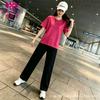 Summer clothing large size sportswear foreign style new women's pure cotton short-sleeved loose top thin straight pants two-piece set