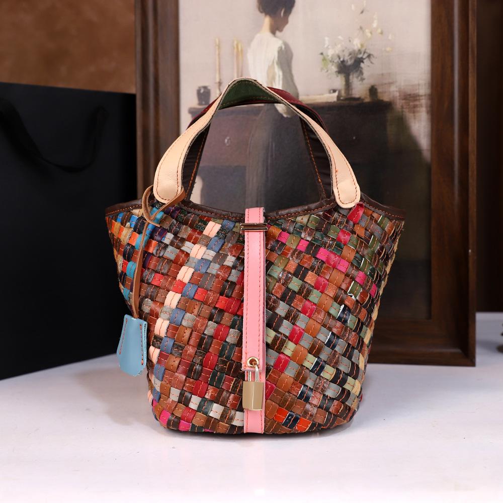 Bucket Bag Cowhide Handbag Versatile First Layer Leather Simple Messenger Bag Genuine Leather Women S Bag разноцветный