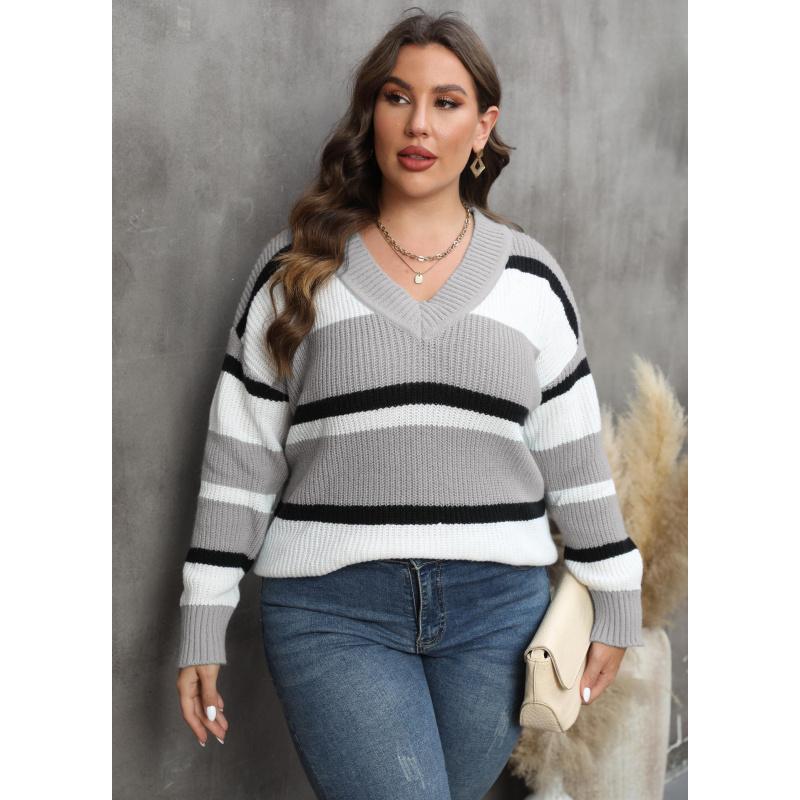 Women's Pullover Sweater Plus Size Women's Fashion European and American Style Autumn Winter New V-neck Color Block Fashion Sweater