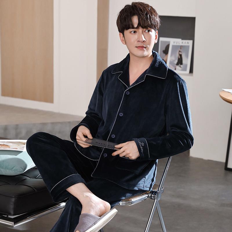 Pajamas Men'S Autumn And Winter Fleece Thickened Warm Coral Fleece Island Fleece Homewear Suit Men'S