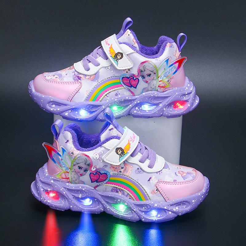 

Кроссовки для девочек с подсветкой 2025 года, весна и осень, новые туфли принцессы из сетчатой кожи для маленьких девочек, мягкая подошва, детские туфли с подсветкой 36