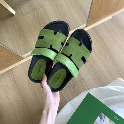 Seattle Holiday~ 2025 Summer New Thick-bottomed Velcro One-word Strap Wear Second Uncle H Slippers Women's Leather