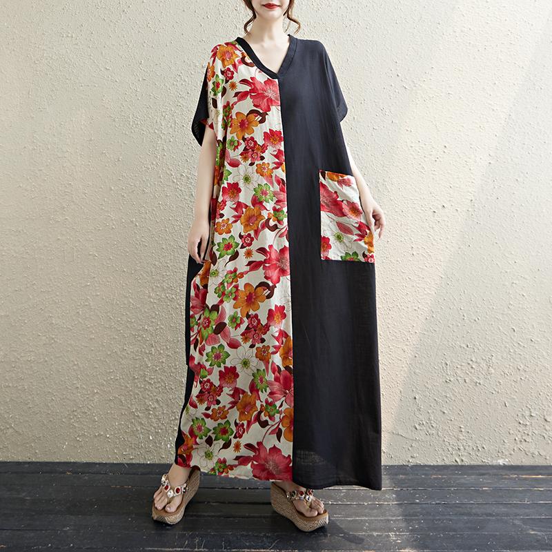 Krátký rukáv Nadměrná velikost Bavlna vintage květinové novinky v šatech pro ženy ležérní volné Maxi dlouhé letní šaty