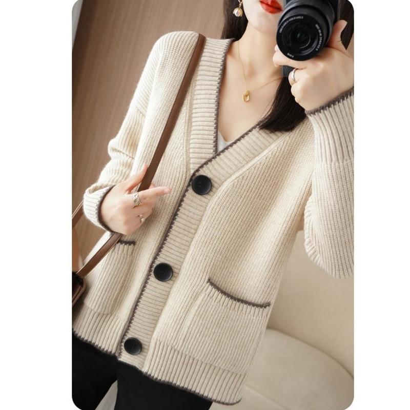 Autumn Winter Korean Fashion V-neck Loose Knitted Sweater Jacket Women Cardigan Pockets Casual Office Coats Long Sleeve Solid Color Simple Clothing