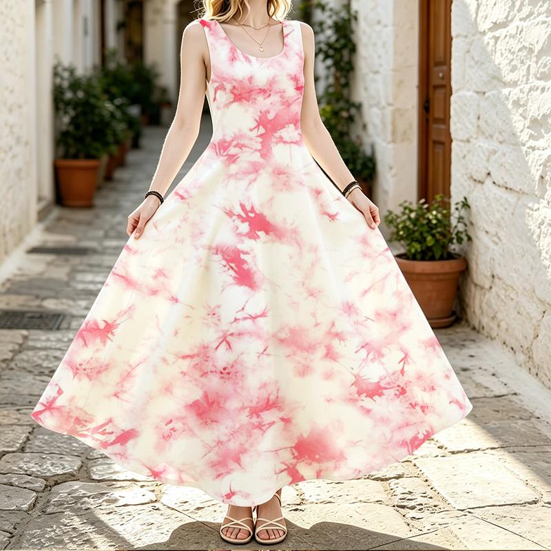 Women Sleeveless U Neck Maxi Dress,Pink Tie Dye Sundress,Abstract Splash Print,Summer Beach Dress