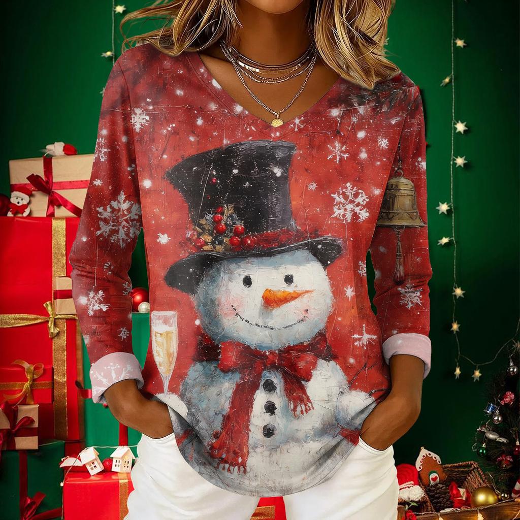 Women's Christmas Print Casual V-Neck Long Sleeve Top