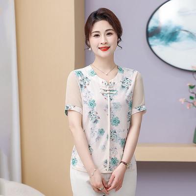 Fashionable Elegant Casual Women's New Spliced Round Neck Button Printed Versatile Short Sleeve Top