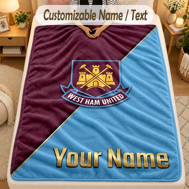 Flannel BlanketWest Ham United FC Custom Name Text Personalized Soft Warm Throw Blanket Home Decor Gift