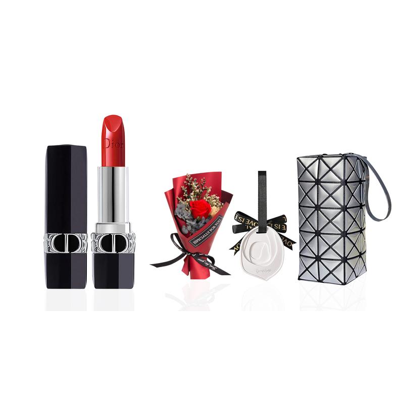 DIOR Губная помада Сатиновая 999 1,5 г + Букет Роз + Ароматерапия с Белым Камнем + Косметичка Серебристый Ледник синий