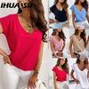 Women's Fashion Casual Solid Color Print Short Sleeve V Neck Blouses & Shirts