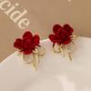 Flocking Flower Leaf Pearl Earrings for Women Light Luxury High-grade Red Stud Earrings New Korean Fashion Stylish Zircon Women