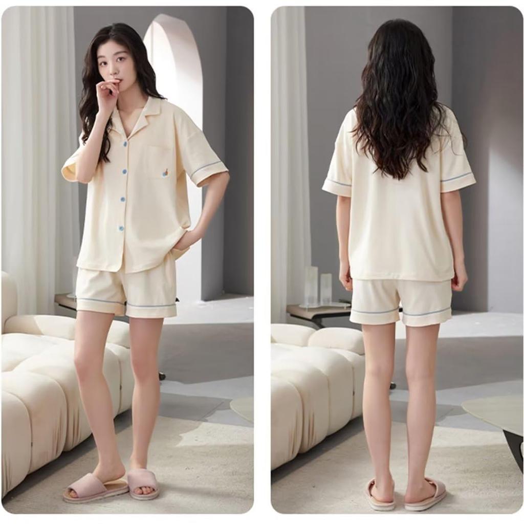 Yucahype Summer Pajama Set with Short Sleeve Shirt and Open Loose Solid Women's Cups, 100% Cotton, Shorts, Front, Moisture-Wicking, Breathable,