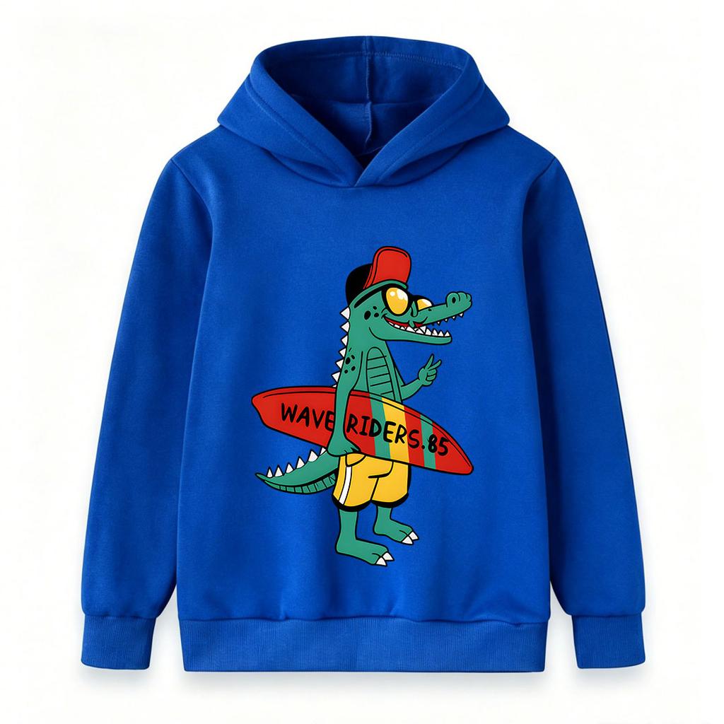 Kids Boys Girls Hoodie, Cool Cartoon Crocodile Surfer Wave Riders Pattern Pullover Hooded Sweatshirt, Casual Long Sleeve Lightweight Top for Daily Hol