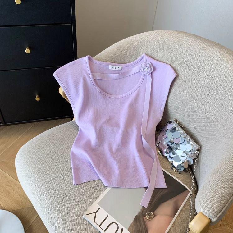 

Purple Halter Neck Flower Knit Top: Summer Chic Ruffle Sleeve Blouse with Ribbon Detailing for Women Medium фиолетовый