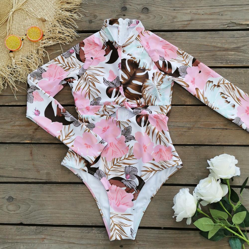 2025 Women's Long Sleeve Zipper One-Piece Swimsuit: European & American Print Surfing Wear