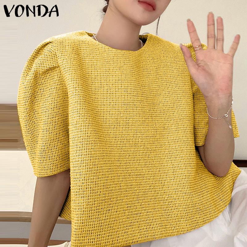 VONDA Women Summer Round Neck Puff Short Sleeve Blouses