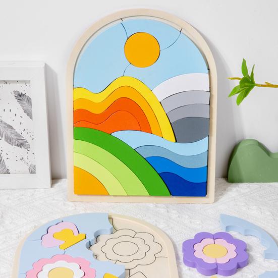 1 szt./3 szt. Zestaw puzzli z drewnianymi kształtami Motyw kwiatów, chmur, wschodu słońca Dopasowywanie kolorów Klocki poznawcze Rozwijanie umiejętności motorycznych Zabawka edukacyjna dla dzieci 3+ lat