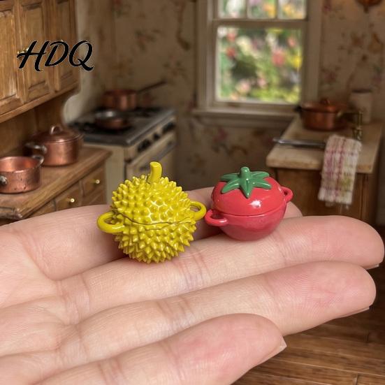 Dollhouse Food Decor Mini Fruit Shaped Stew Pot with Lid Tomato Pumpkin Durian Cooking Small Alloy Pot 1:12 Scale Doll House Kitchen Accessory,