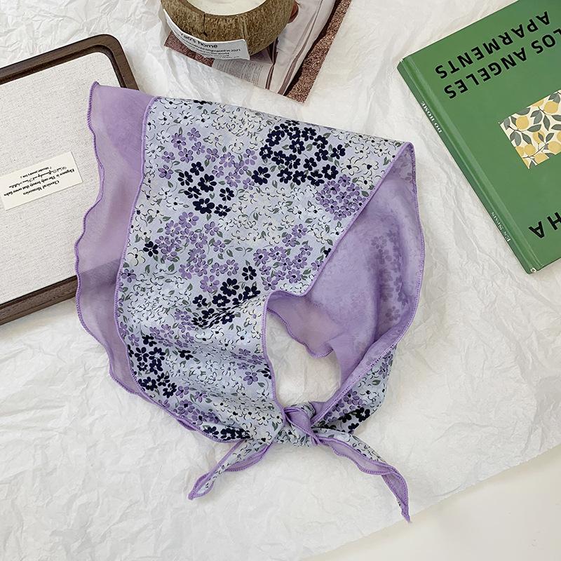 

Triangle scarf, headscarf, summer women s pastoral new double-layer breathable floral small silk scarf, headband, tied hair streamer