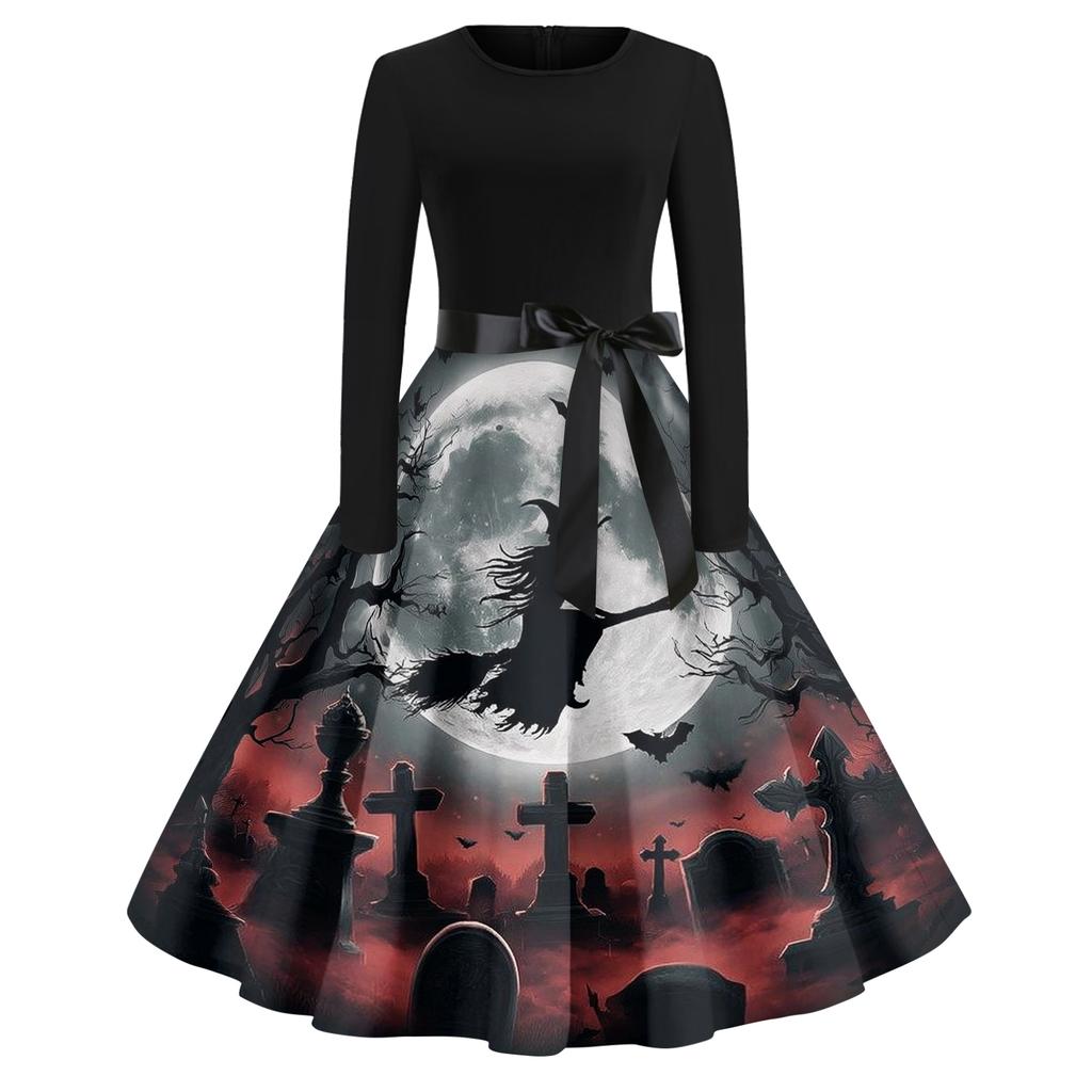 Women's Casual Fashion Round Neck Halloween Printed Vintage Dress