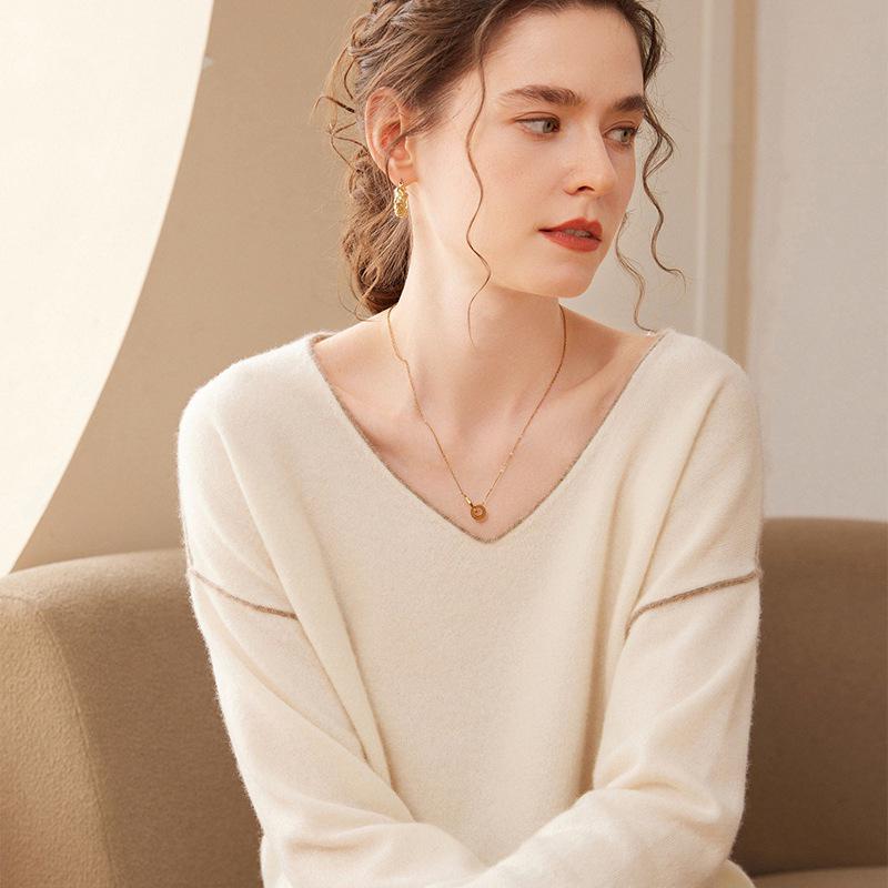 Women's V-Neck Cashmere Knit Pullover - Loose Fit, Long Sleeve, Autumn/Winter Fashion