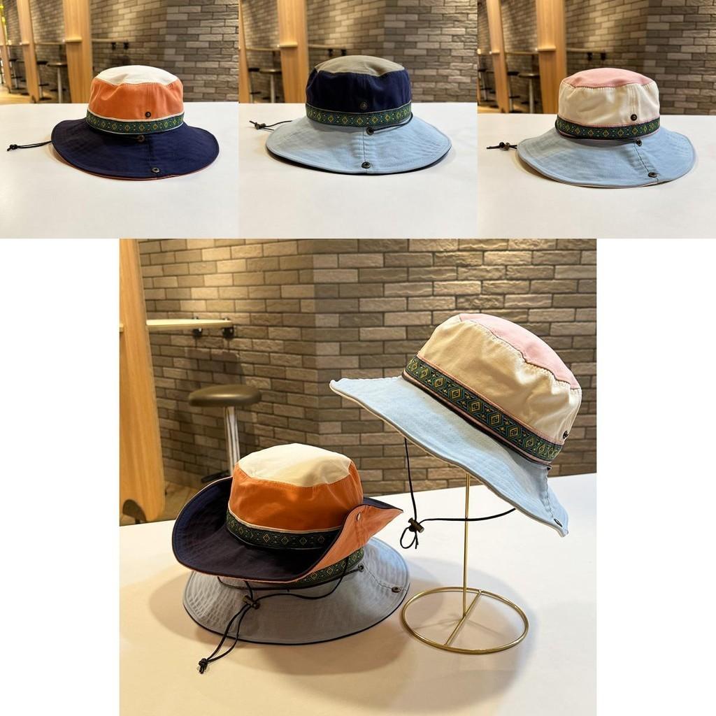 Retro Ethnic Style Sun Protection Fisherman Hat For Women Blue Color Block Wide Brim Hat Men Outdoor Hat