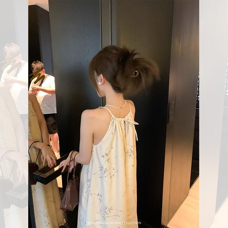 Retro Temperament Vacation Style Sleeveless Baggy Neck Dress Women's Summertime New Long Dress