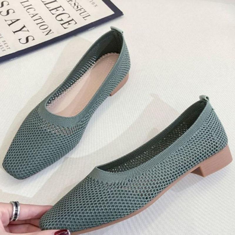 WTEMPO Soft Sole Single Shoes Women's Spring and Summer Square Toe Mesh Low Square Heel Solid Color Knitted Hollow Breathable Non-slip Woven Shoes