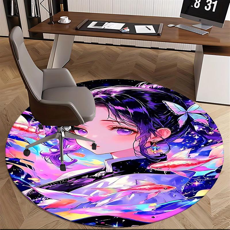 1pc Anime Design Round Carpet Office Chair Mat with Butterfly and Fish Print, Home Decor, Gaming Room, Gift