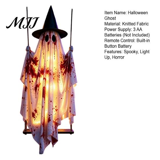 Remote Control LED Ghost Hanging Swing Halloween Decoration, Spooky Light Up Large Swinging Courtyard Decoration with Blood Fabric for Porch Yard Tree