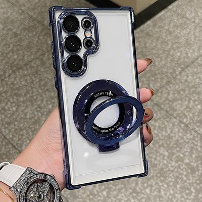 Luxury Plating Magnetic Wireless Charging Holder Stand Clear Case For Sunsamg S24 S23 S22 S21 Ultra Plus Shockproof Phone Case