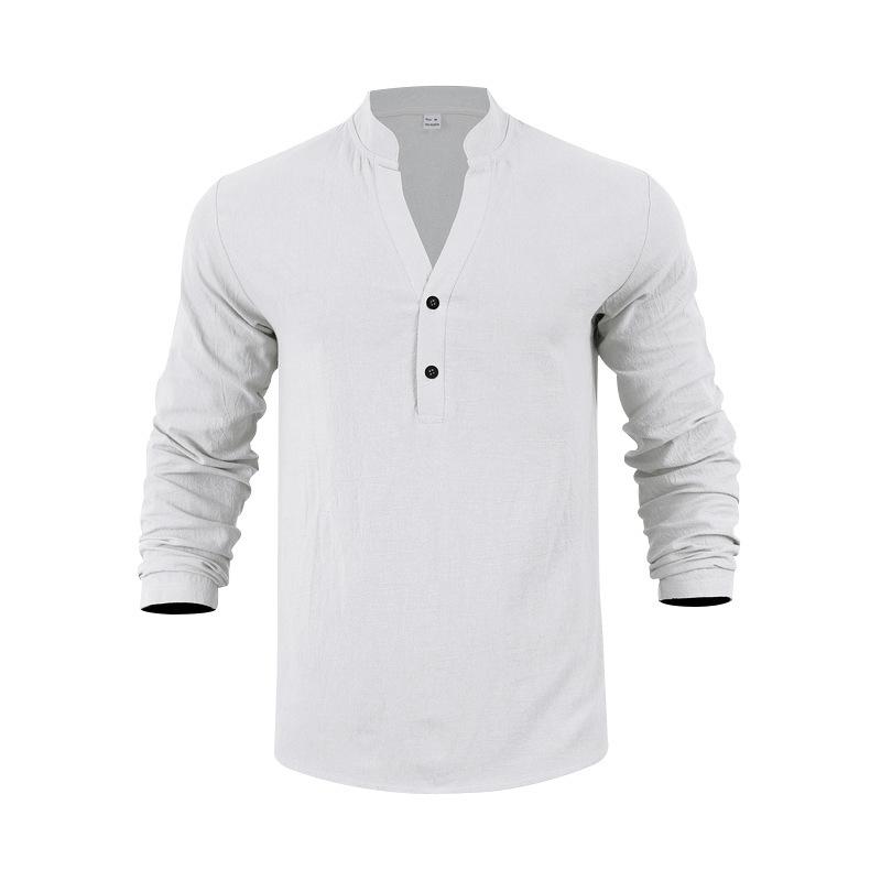 Linen Shirt Stand Collar Button-Up Men's Loose-Fit Casual Breathable V-Neck Henley Long-Sleeved T-Shirt for Men