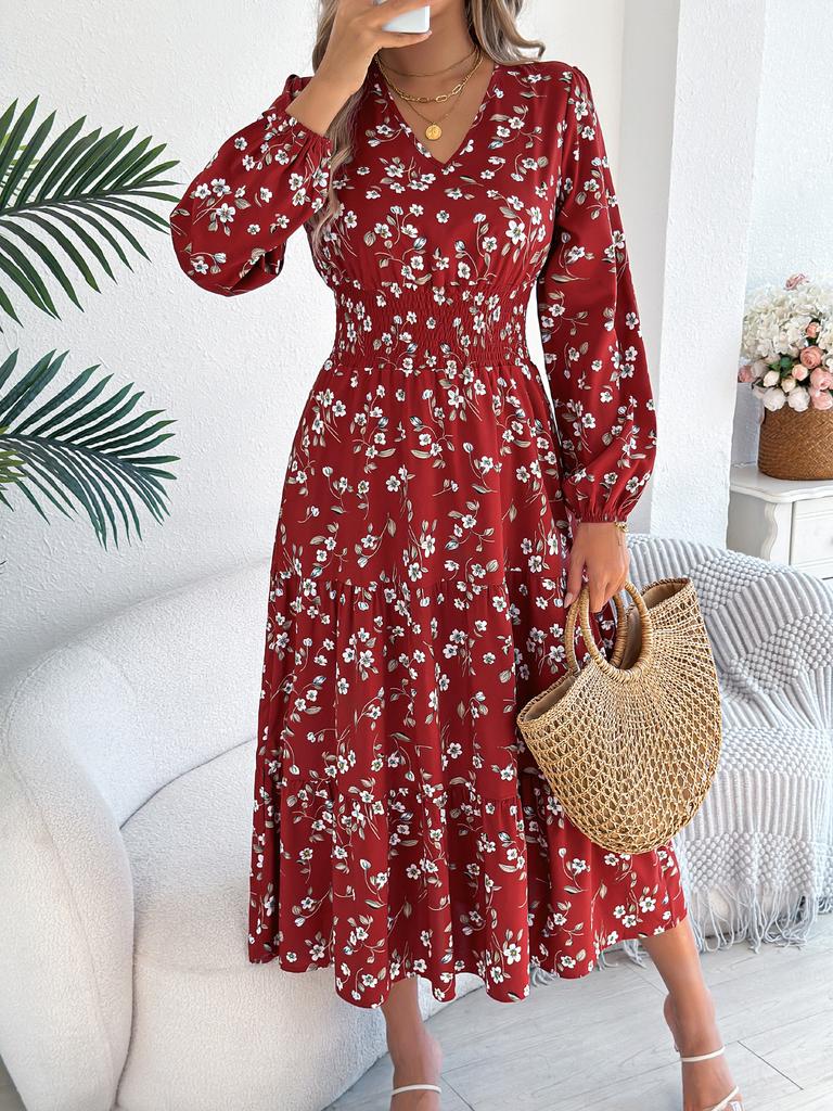 Women Elegant Floral V Neck Long Sleeve High Waist Ruffled A Line Long Dress