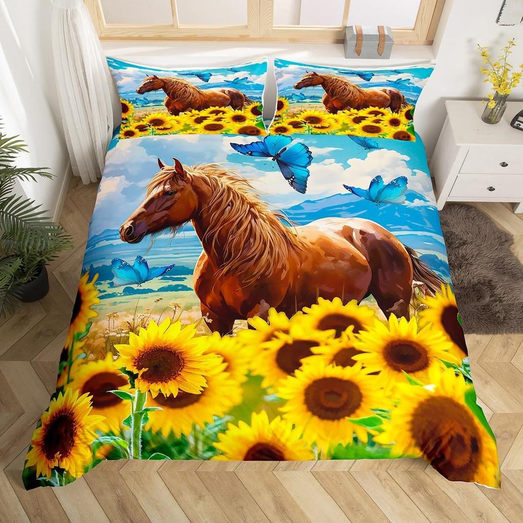 Horse Duvet Cover Western Cowboy Farmhouse Animal Bedding Set Soft Sunflower Floral Comforter Cover Twin Queen For Boys Girls