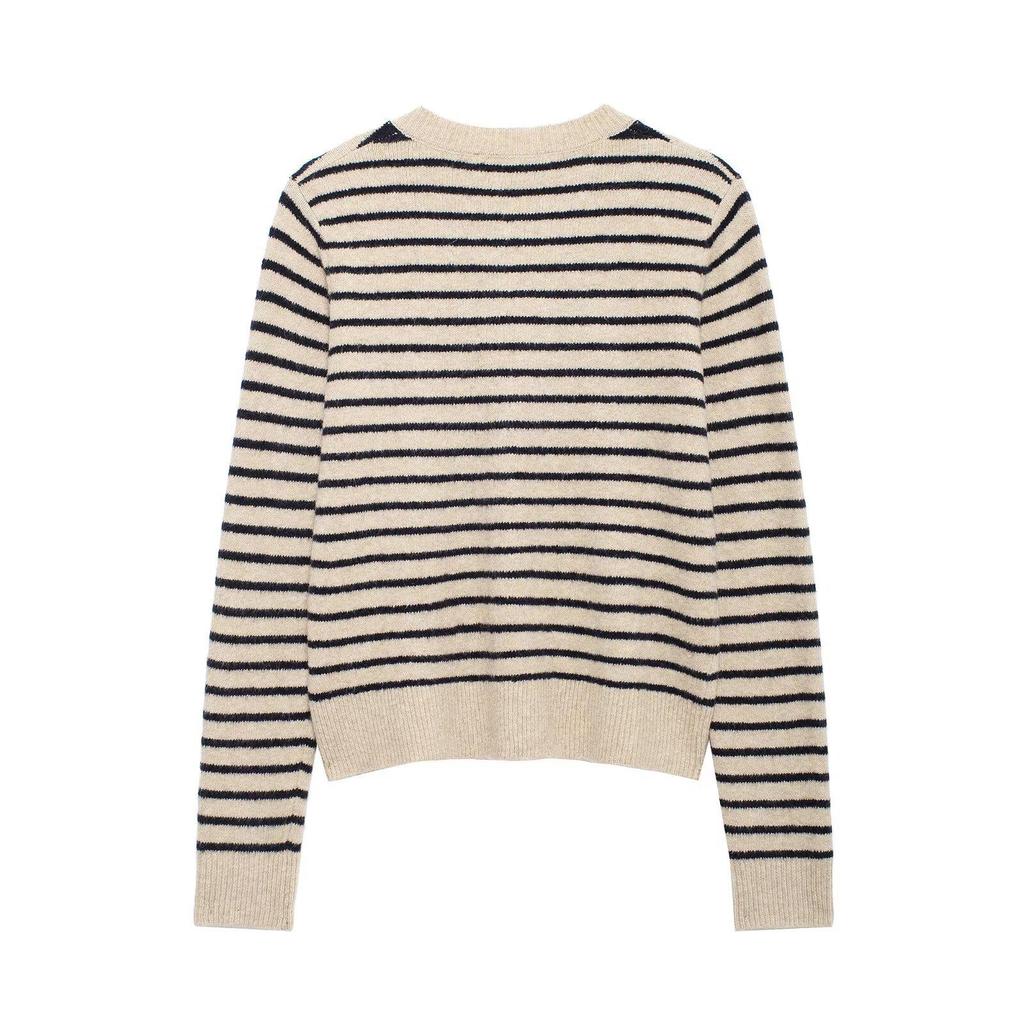 Spring 2025 Women's Round Neck Striped Knit Cardigan Sweater