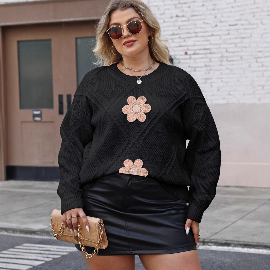 Plus-size Women's Loose and Casual Pullover Sweater with Diamond-patterned Jacquard Yarn, Embroidery and Beading