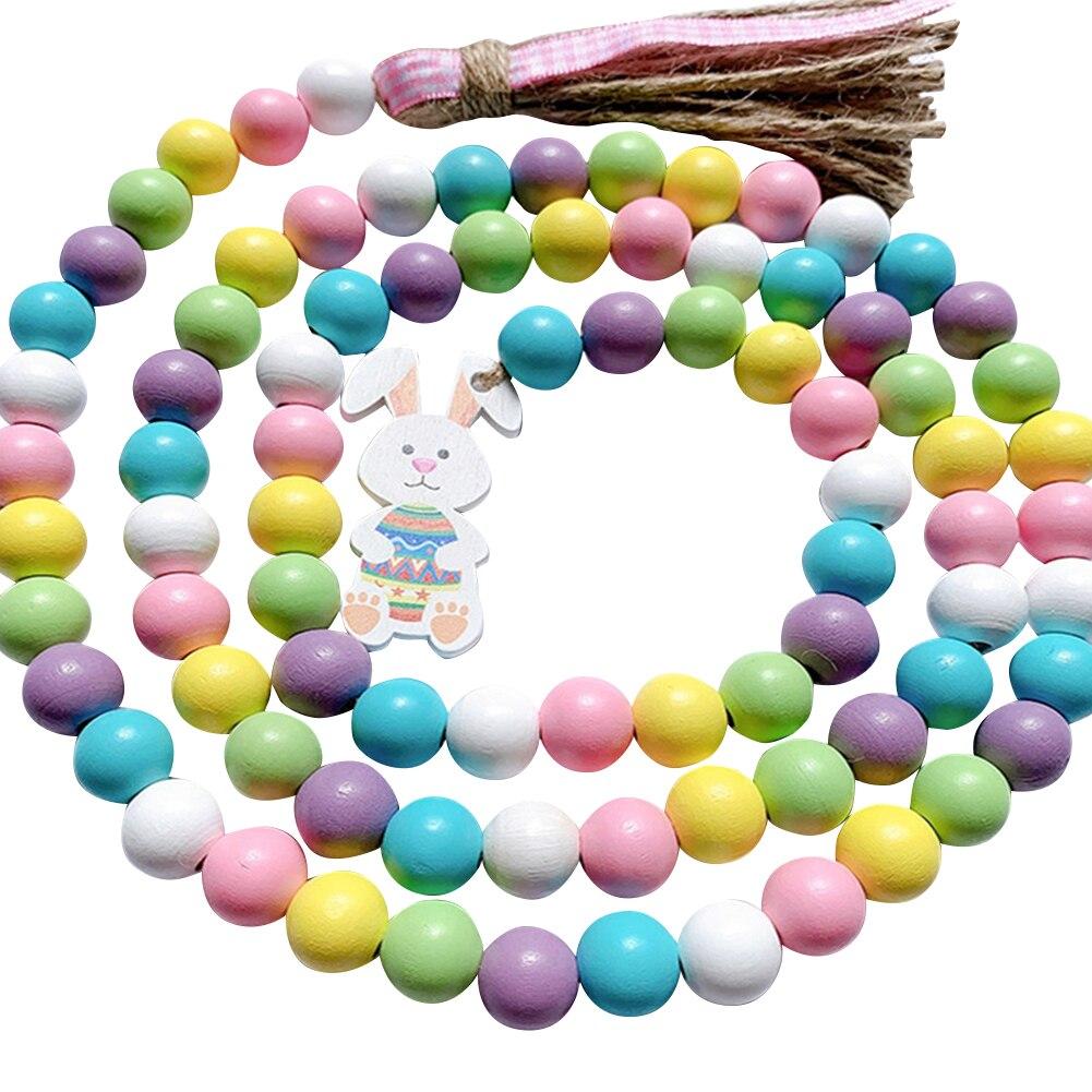 Colorful Easter Wood Bead Garland With Tassel And Bunny Tag Boho Decor Hanging Farmhouse Rustic Bead Easter Decorations For Home