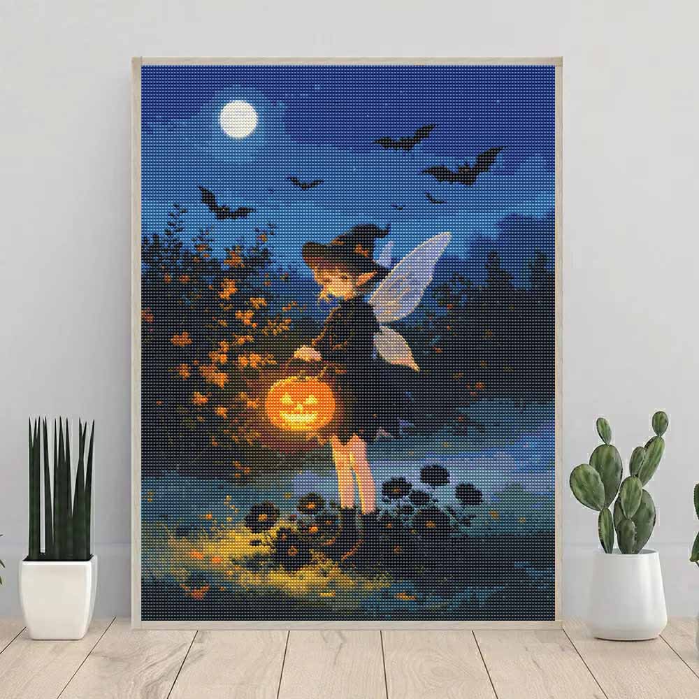 DIY Diamond Painting Kit Halloween Fairy Pumpkin Lantern Night Bat Full Drill Canvas Art Creative Craft Gift for Girls and Adults