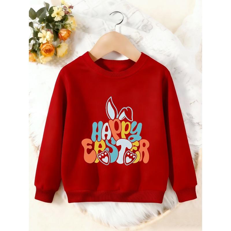 Unisex Kids Crewneck Sweatshirt, Colorful Happy Easter Bunny Ear Paw Print Pullover, Boys Girls Easter Casual Sweatshirt For Kids Over 4 Years Old