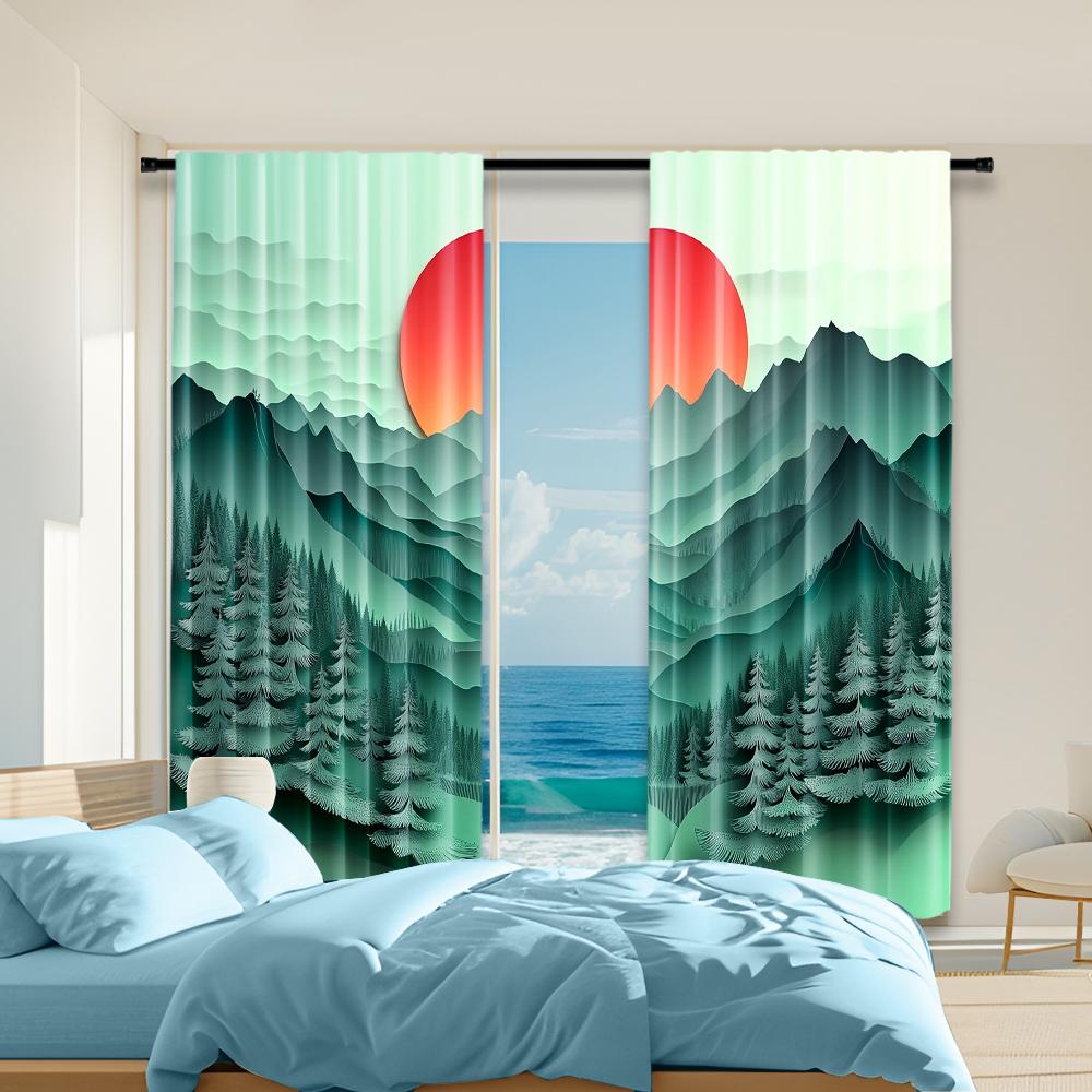 

Универсальные Прозрачные Полиэстеровые Шторы Декор Дома Зеленые Горы Закат Использование Спальни Гостиные Комплект Штор Из 2 Штук Можно Стирать Гостиная W100*H70(CM)-Grommet top&2PCS