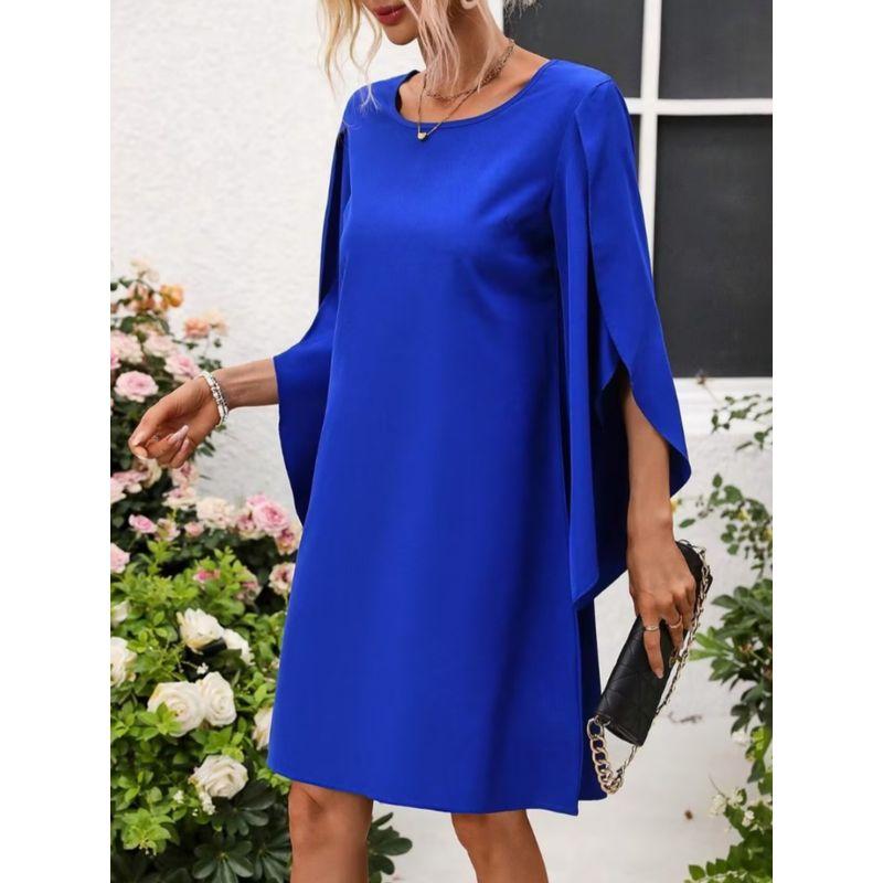 Spring and Summer New Fashion European and American Style round Collar, Blue Loose Casual Half Length Cape Sleeve Dress Dress Dress Dress